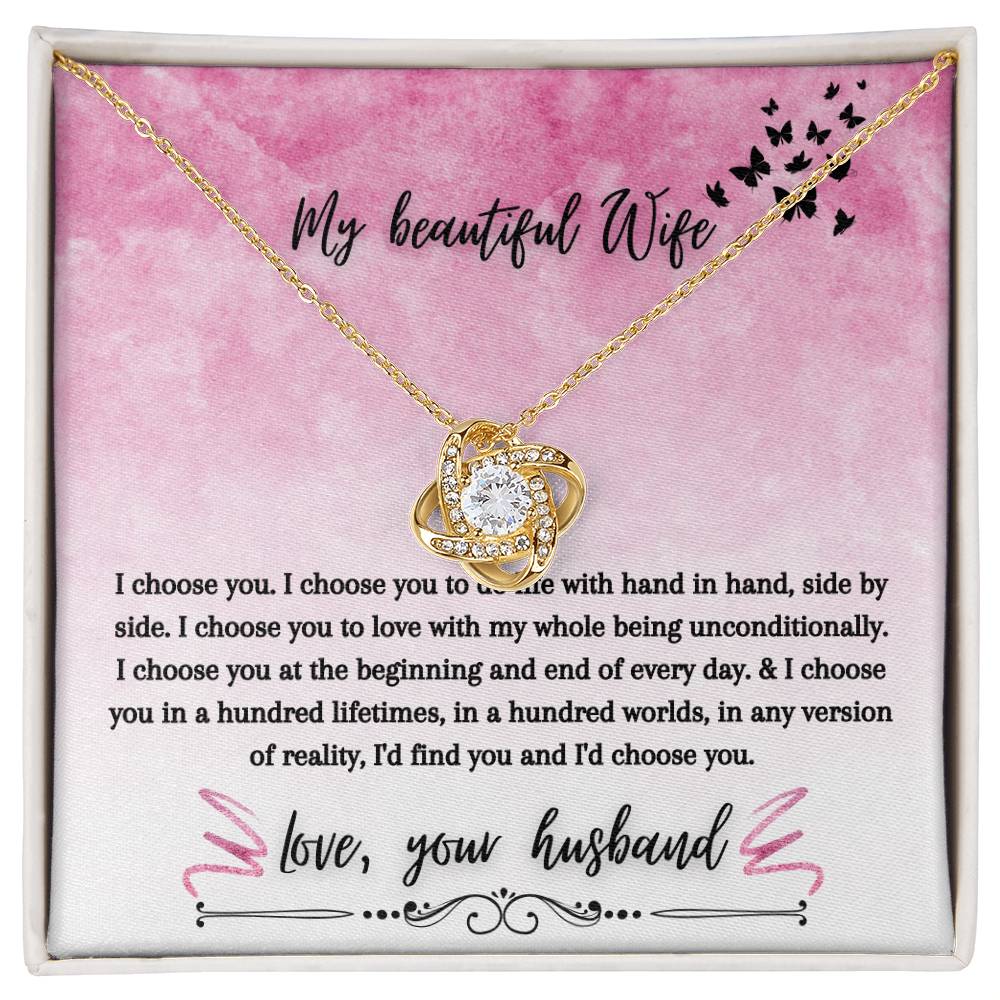 "I Choose You" Love Knot Necklace (Pink & Butterflies Vertical Edition) - A Special Gift For Wife