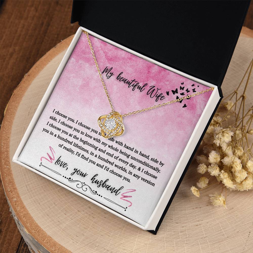 "I Choose You" Love Knot Necklace (Pink & Butterflies Vertical Edition) - A Special Gift For Wife