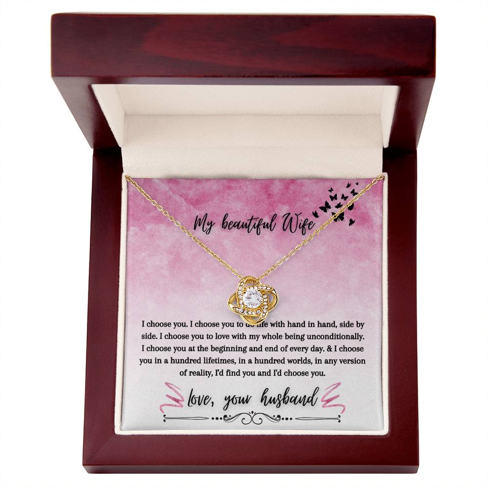 "I Choose You" Love Knot Necklace (Pink & Butterflies Vertical Edition) - A Special Gift For Wife