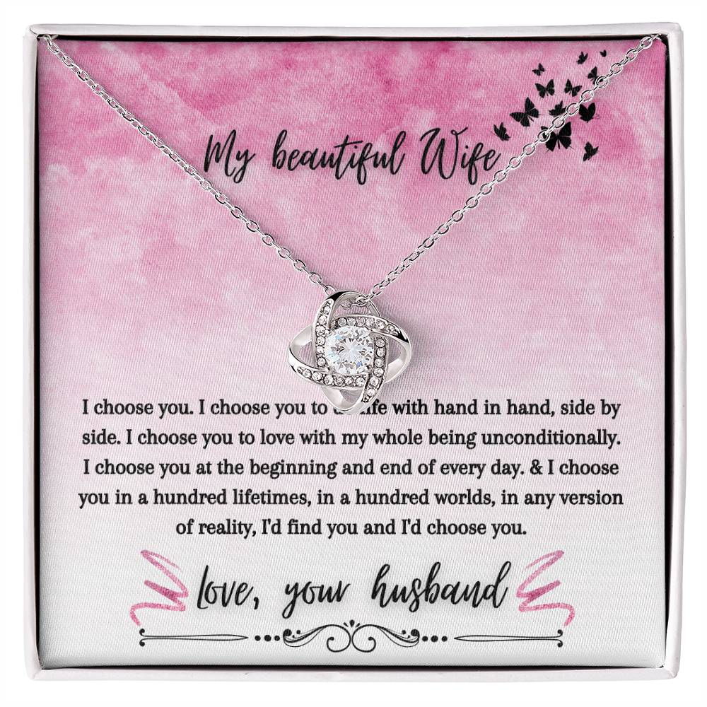 "I Choose You" Love Knot Necklace (Pink & Butterflies Vertical Edition) - A Special Gift For Wife