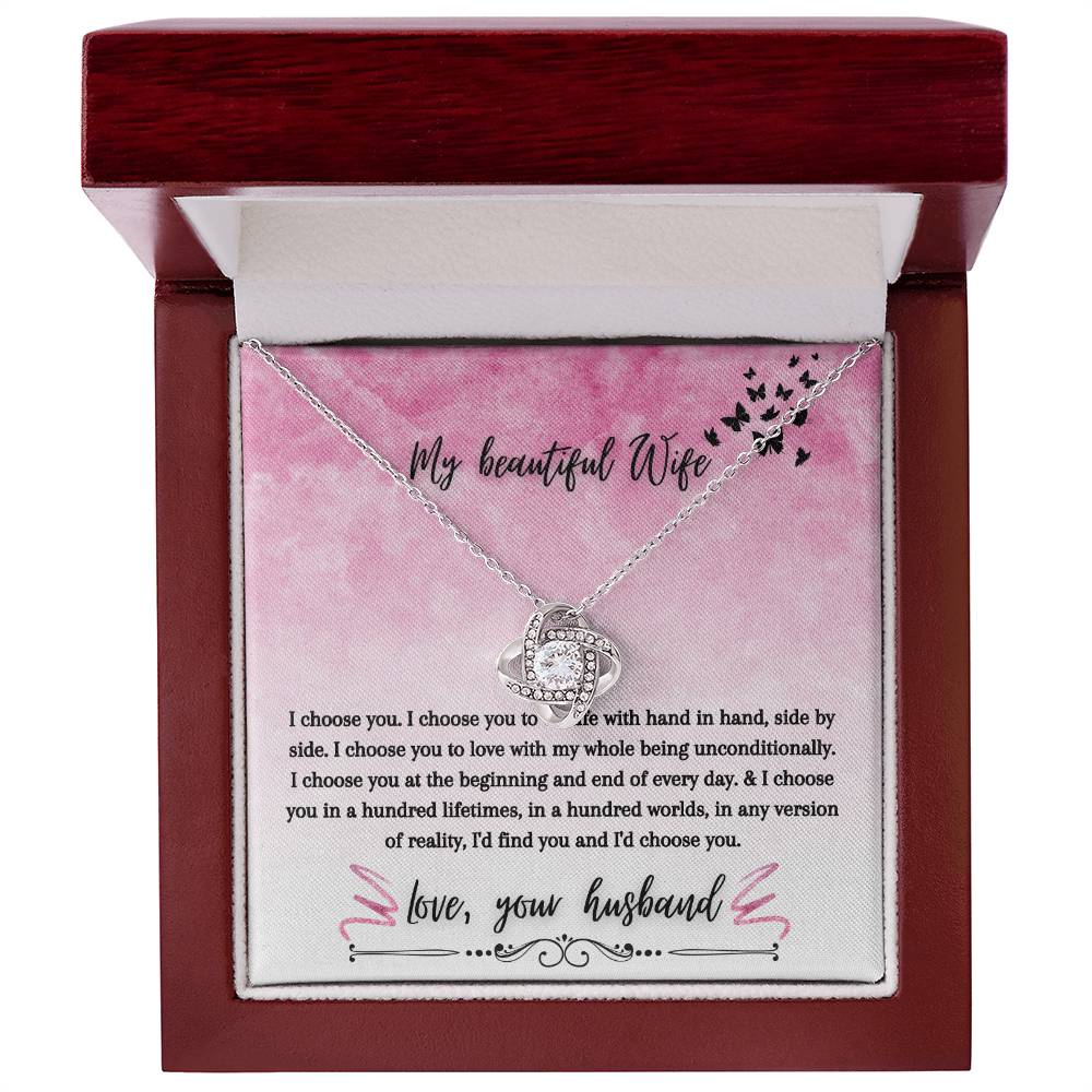 "I Choose You" Love Knot Necklace (Pink & Butterflies Vertical Edition) - A Special Gift For Wife