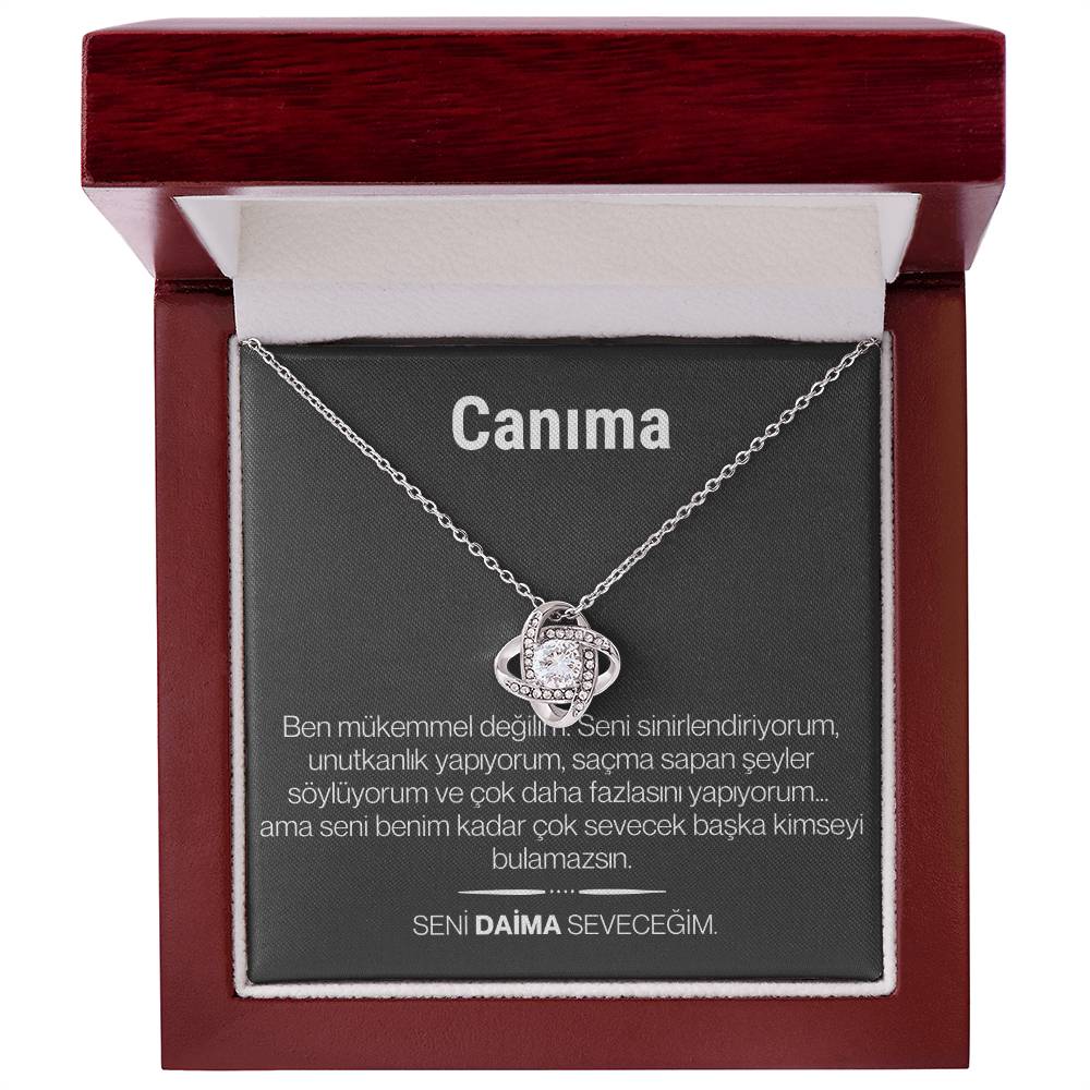 "Canima" Love Knot Necklace in Turkish | 14k White Gold Over Stainless Steel