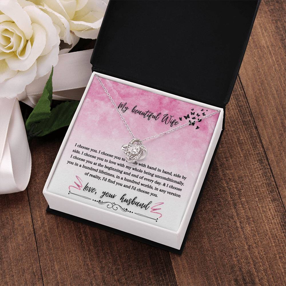 "I Choose You" Love Knot Necklace (Pink & Butterflies Vertical Edition) - A Special Gift For Wife
