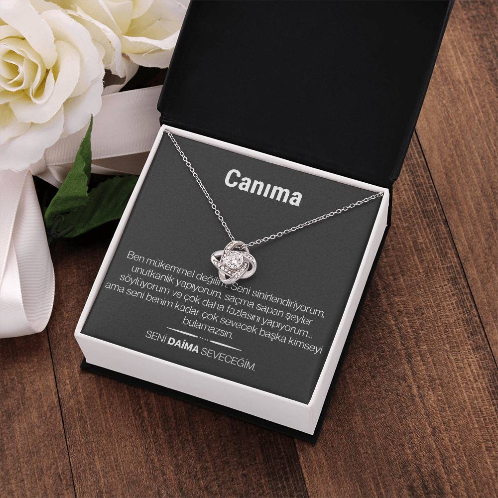"Canima" Love Knot Necklace in Turkish | 14k White Gold Over Stainless Steel