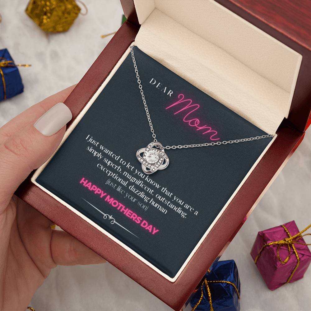 "Just an Awesome Gift to Say" - Loveknot Mothers Day 14k White Gold Necklace With Box