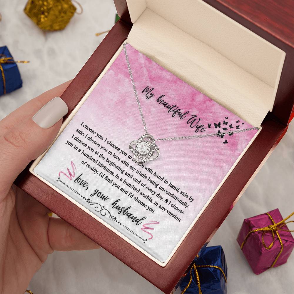 "I Choose You" Love Knot Necklace (Pink & Butterflies Vertical Edition) - A Special Gift For Wife