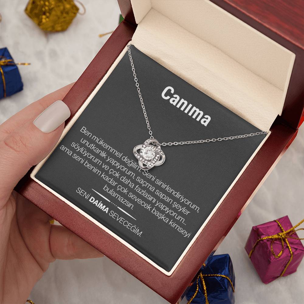 "Canima" Love Knot Necklace in Turkish | 14k White Gold Over Stainless Steel
