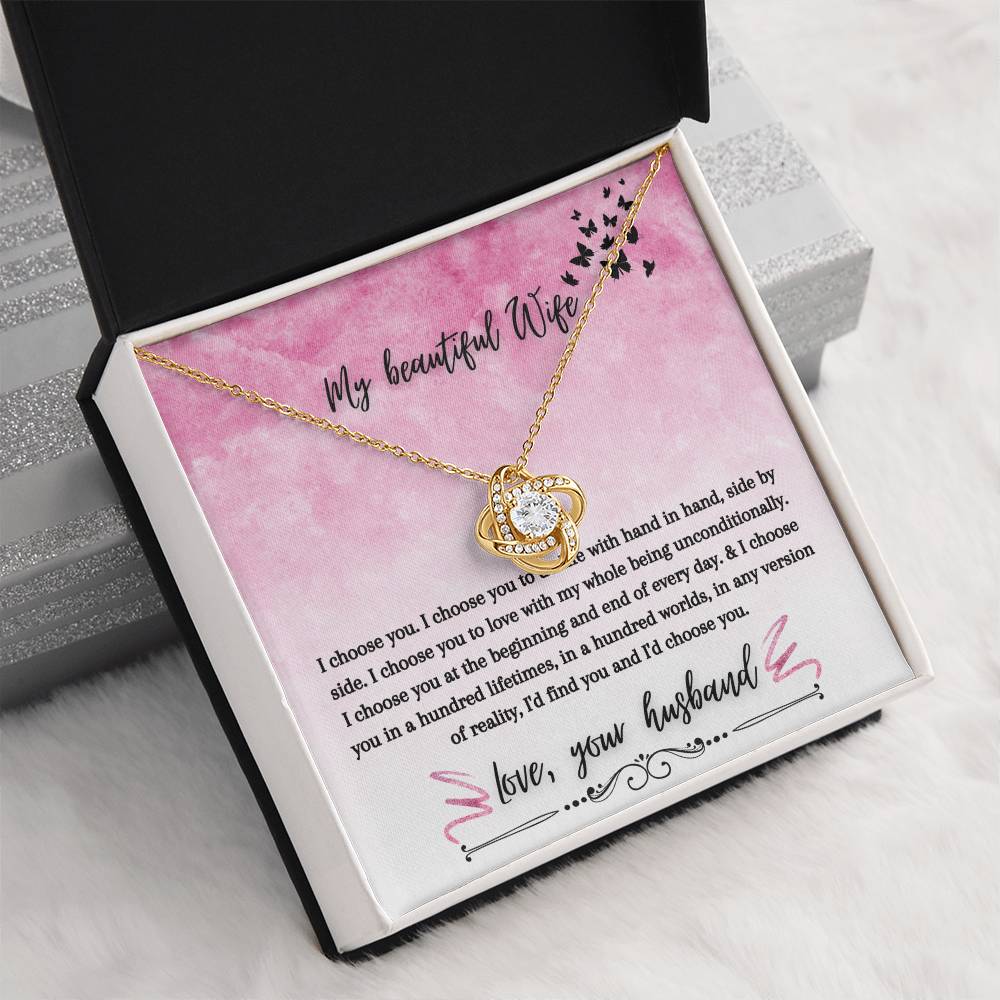 "I Choose You" Love Knot Necklace (Pink & Butterflies Vertical Edition) - A Special Gift For Wife