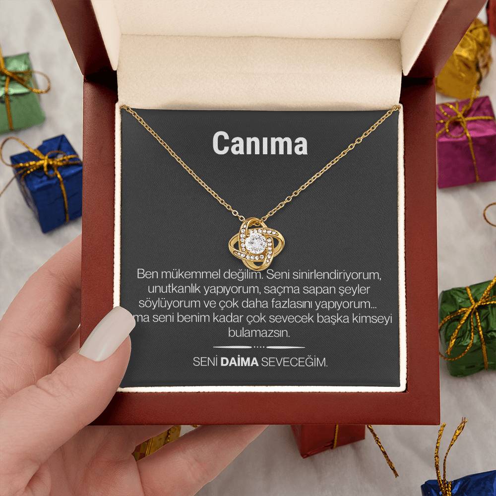 "Canima" Love Knot Necklace in Turkish | 14k White Gold Over Stainless Steel
