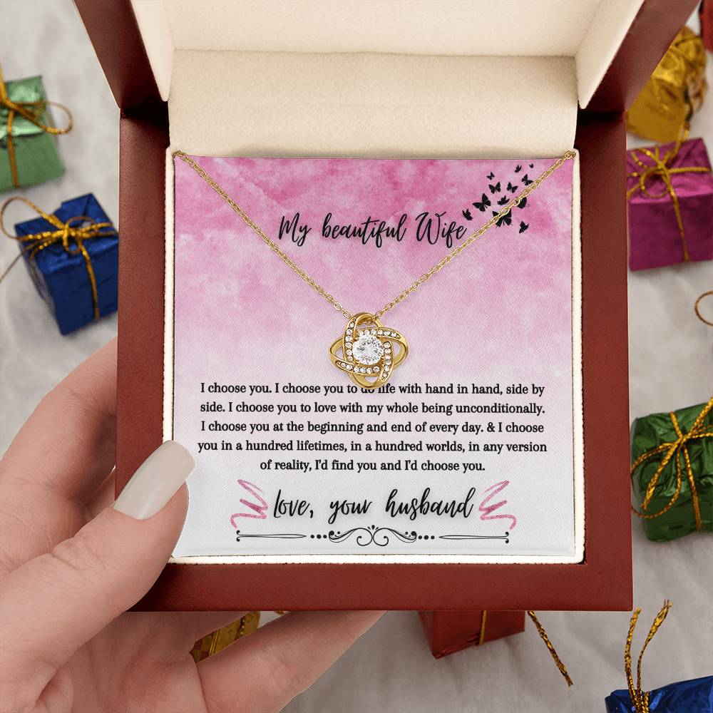"I Choose You" Love Knot Necklace (Pink & Butterflies Vertical Edition) - A Special Gift For Wife