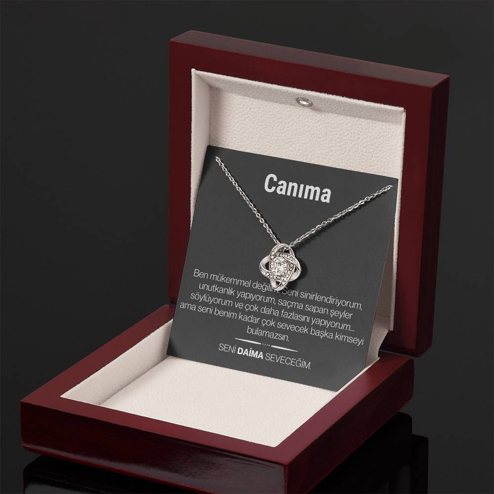 "Canima" Love Knot Necklace in Turkish | 14k White Gold Over Stainless Steel