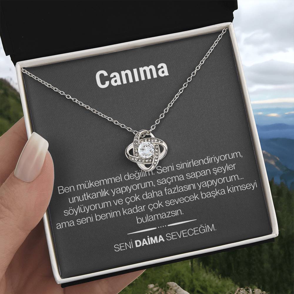 "Canima" Love Knot Necklace in Turkish | 14k White Gold Over Stainless Steel