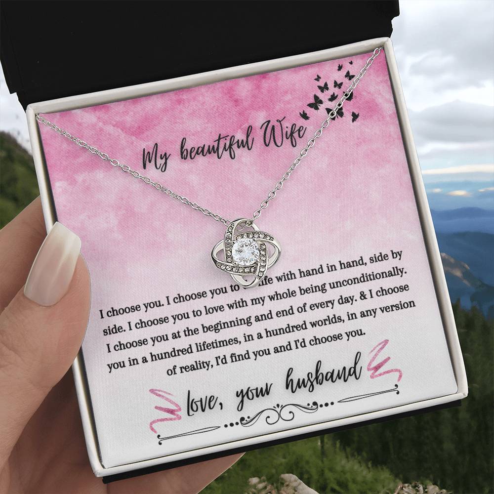 "I Choose You" Love Knot Necklace (Pink & Butterflies Vertical Edition) - A Special Gift For Wife