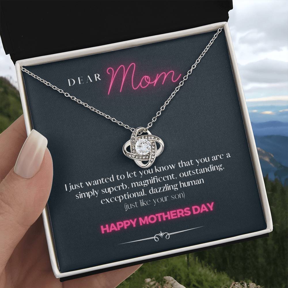 "Just an Awesome Gift to Say" - Loveknot Mothers Day 14k White Gold Necklace With Box